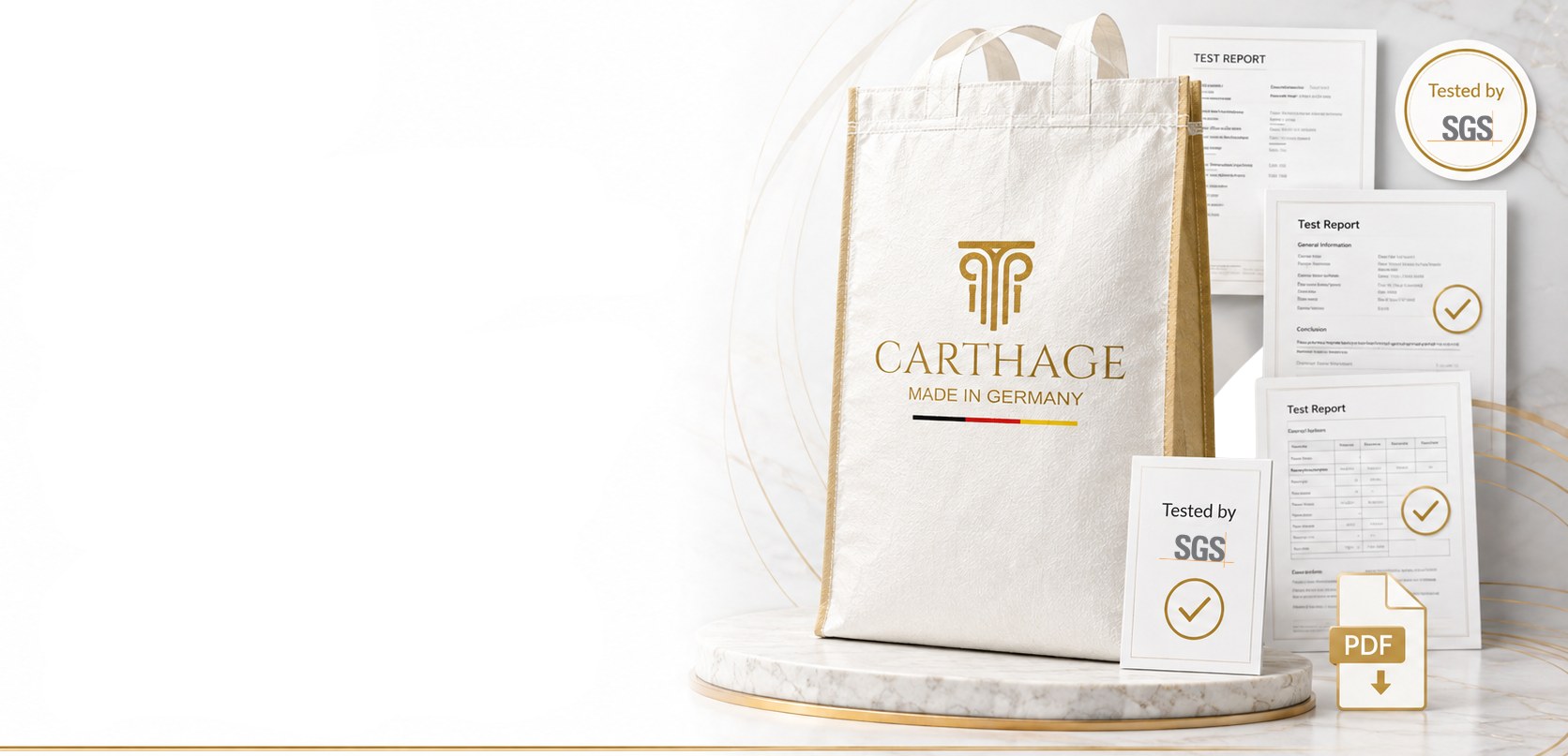 A Carthage Stone paper bag on a marble plinth beside SGS test reports, a Tested by SGS seal and a PDF download mark